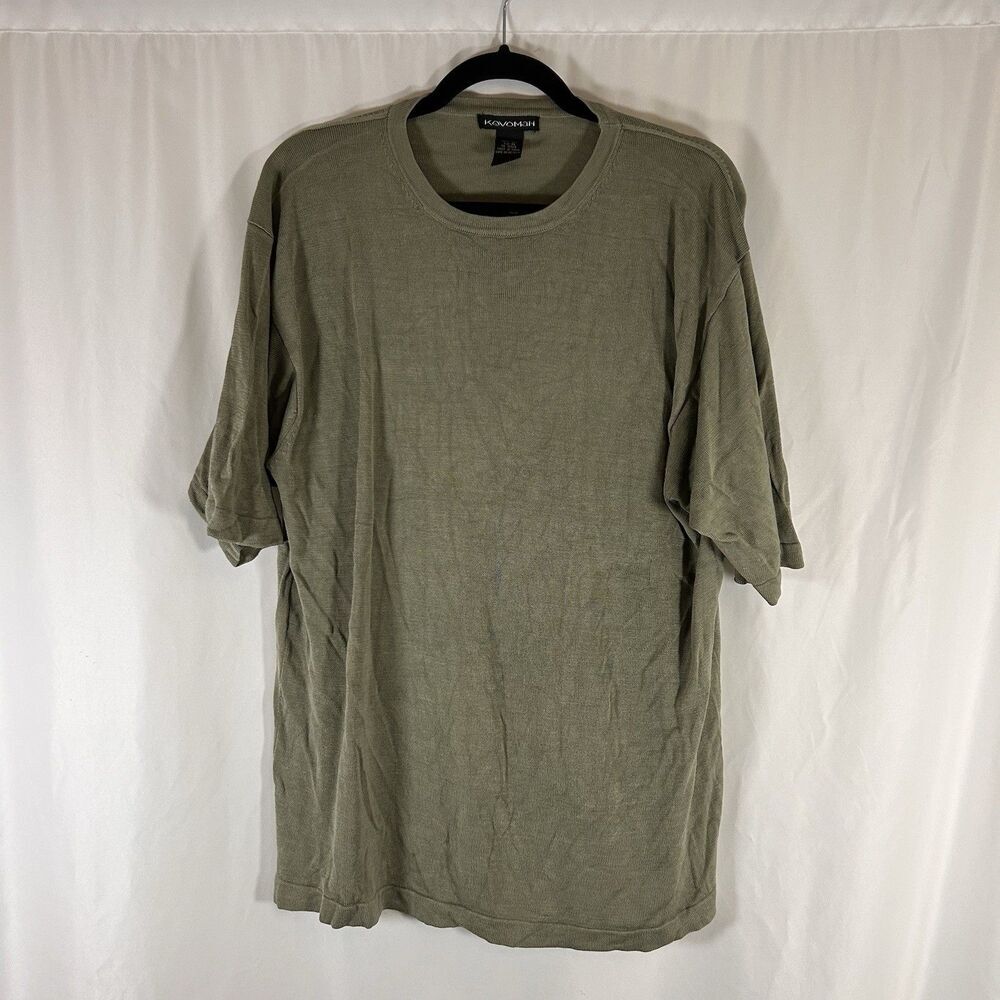 Kevoman 100% Silk Men's XL Solid Green Knit Short Sleeve Crew Neck